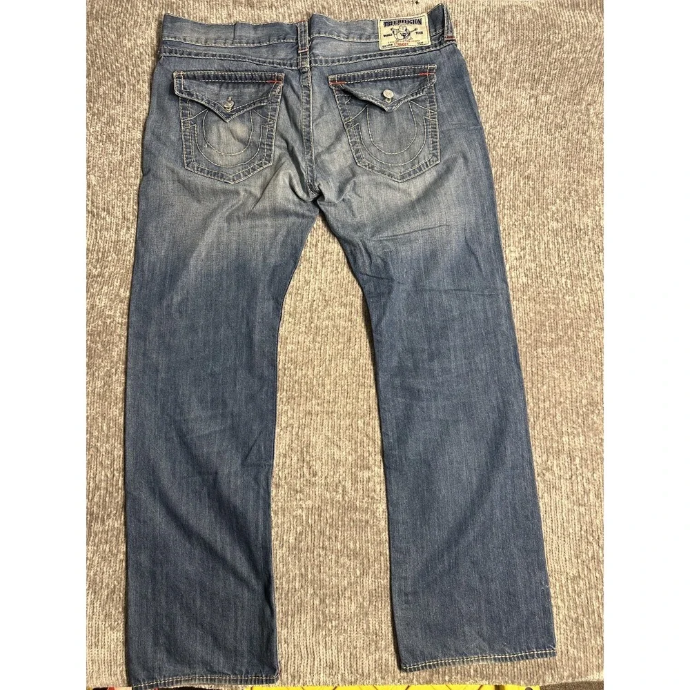 True Religion Straight Flap Old Multi Big T Distressed Blue Jeans Mens 40 X 34